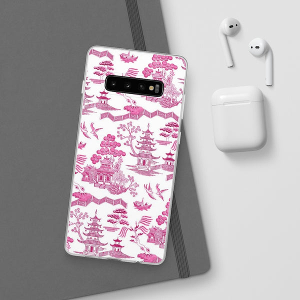 Flexible Phone Case - Chinoiserie Hot Pink and White Toile pagoda Choose style iPhone Samsung