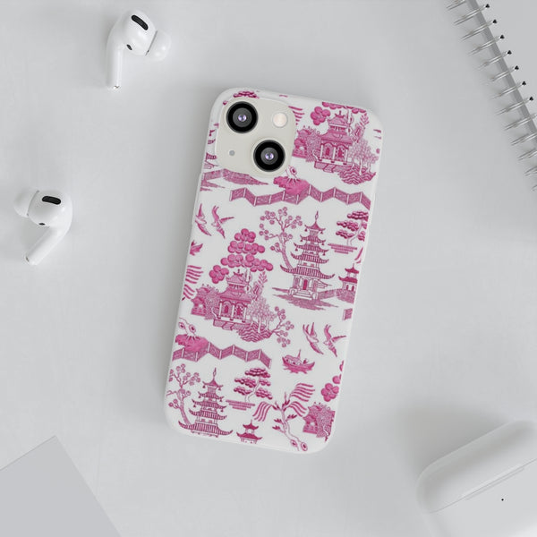 Flexible Phone Case - Chinoiserie Hot Pink and White Toile pagoda Choose style iPhone Samsung