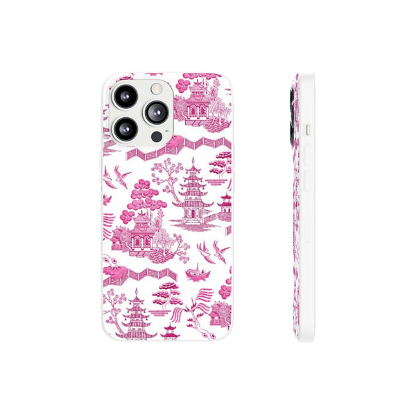 Flexible Phone Case - Chinoiserie Hot Pink and White Toile pagoda Choose style iPhone Samsung