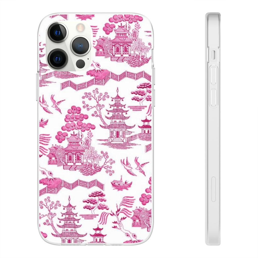 Flexible Phone Case - Chinoiserie Hot Pink and White Toile pagoda Choose style iPhone Samsung
