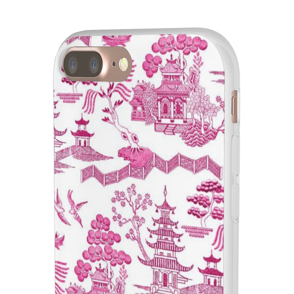Flexible Phone Case - Chinoiserie Hot Pink and White Toile pagoda Choose style iPhone Samsung