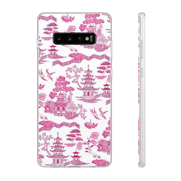 Flexible Phone Case - Chinoiserie Hot Pink and White Toile pagoda Choose style iPhone Samsung