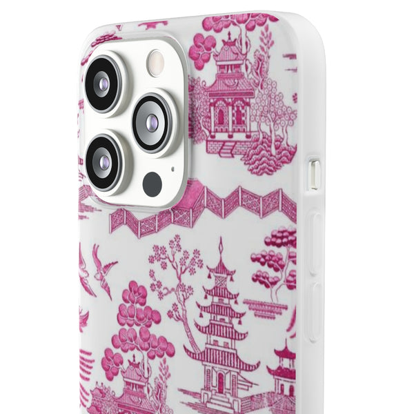 Flexible Phone Case - Chinoiserie Hot Pink and White Toile pagoda Choose style iPhone Samsung