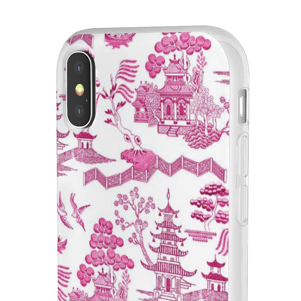 Flexible Phone Case - Chinoiserie Hot Pink and White Toile pagoda Choose style iPhone Samsung