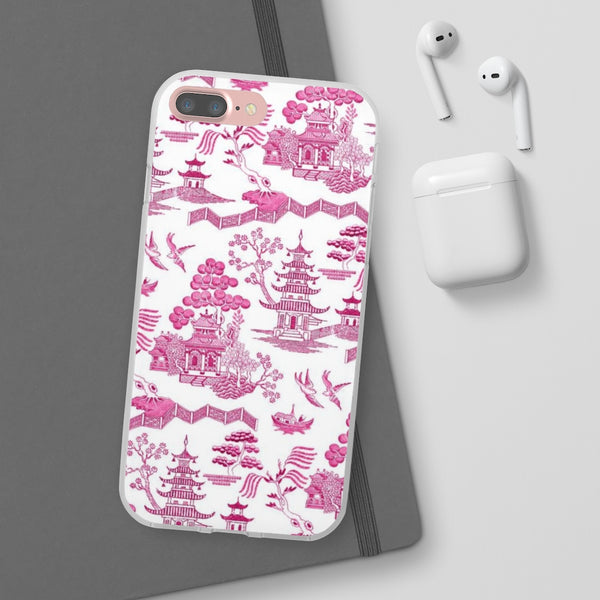Flexible Phone Case - Chinoiserie Hot Pink and White Toile pagoda Choose style iPhone Samsung