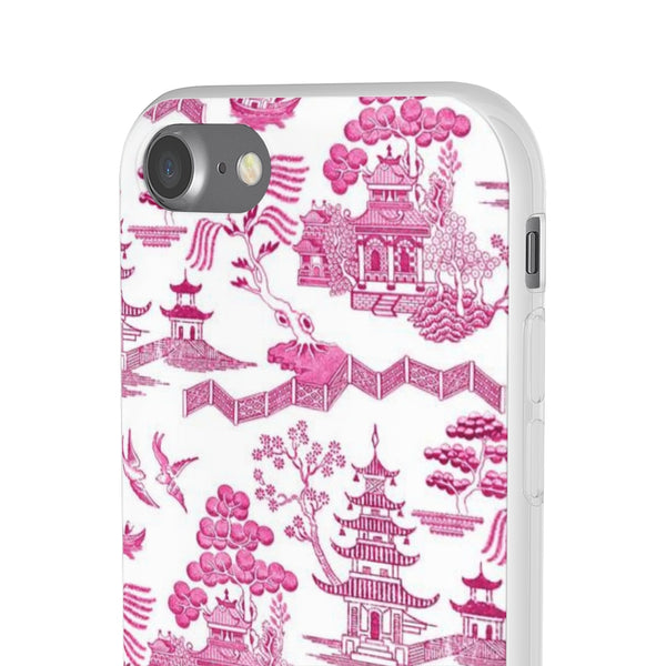 Flexible Phone Case - Chinoiserie Hot Pink and White Toile pagoda Choose style iPhone Samsung