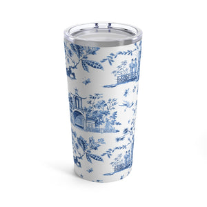 Chinoiserie Chic Blue and White Toile Tumbler Drink stays cool 20oz Loveshackfancy Inspired