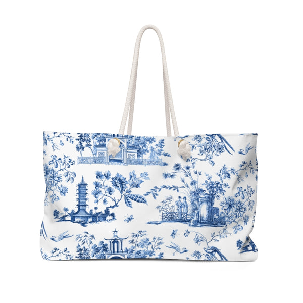 Toile Chinoiserie Chic Blue and White lover Boat Rope Tote Handle Bag Pool Beach Boat Weekender