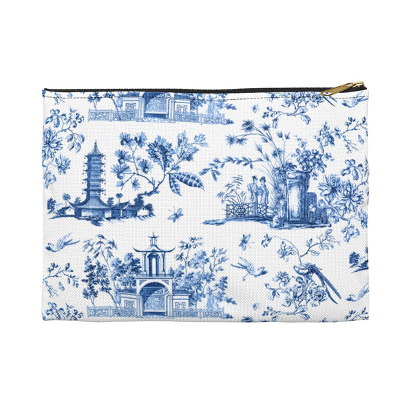 Chinoiserie Toile Blue and White Makeup Case, Toiletry Travel  - Accessory Pouch Available in Two Sizes - White canvas laminated interior