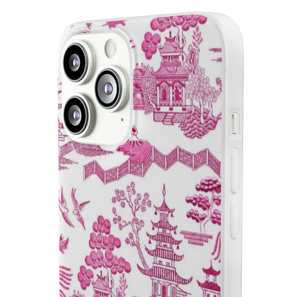 Flexible Phone Case - Chinoiserie Hot Pink and White Toile pagoda Choose style iPhone Samsung