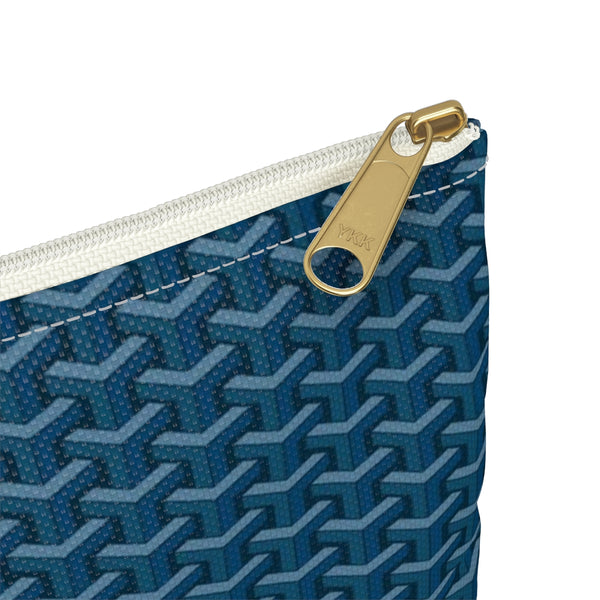 Chic Geometric Pattern in Navy and blues - Accessory Pouch Zip Closure Available in Two Sizes - White canvas laminated interior