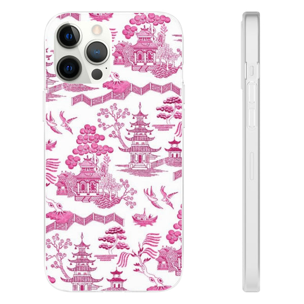 Flexible Phone Case - Chinoiserie Hot Pink and White Toile pagoda Choose style iPhone Samsung