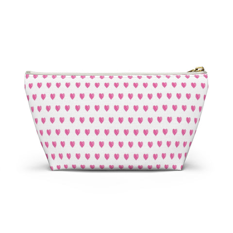 Preppy Watercolor Hearts Pink - Accessory Zip Pouch Available in Two Sizes - White canvas laminated interior