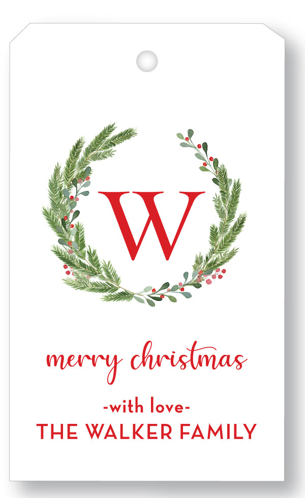 Gift Tag Holiday Christmas initial Wreath