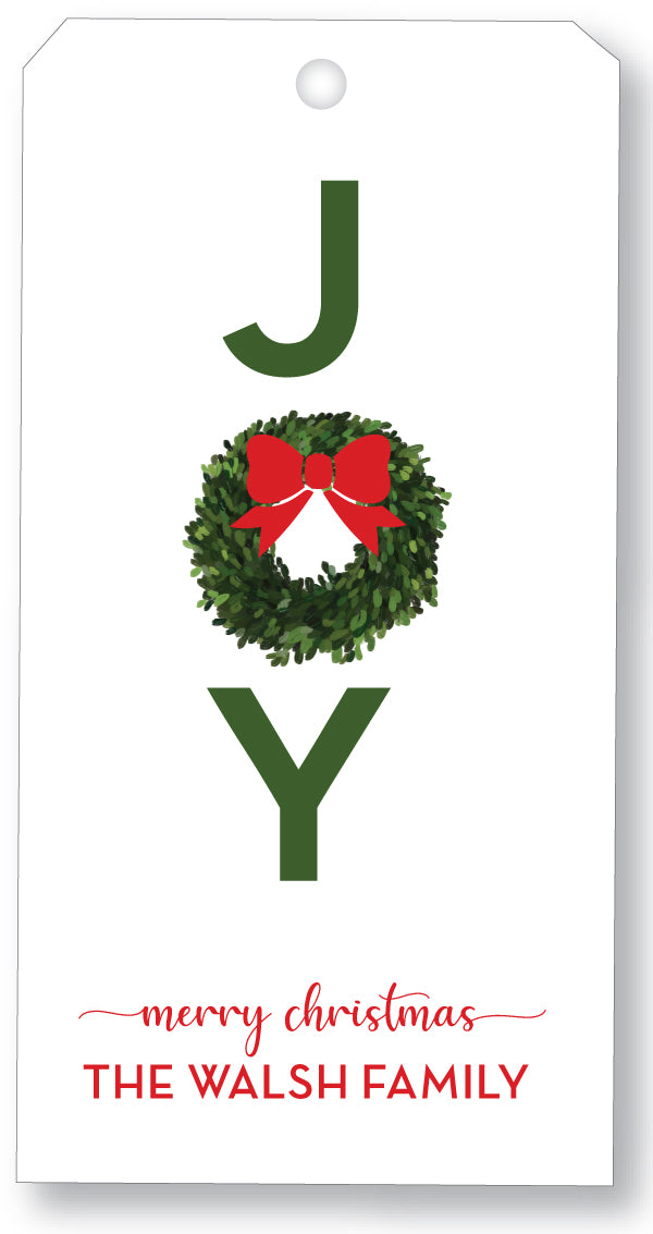 Holiday Gift Tag - Joy Wreath Red Bow