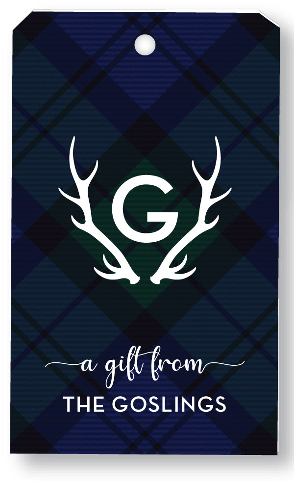 Gift Tag Blackwatch Plaid Antler Initial