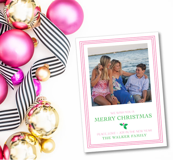 Holiday Classic Photo Card Triple Stripe Border - Hot Pink