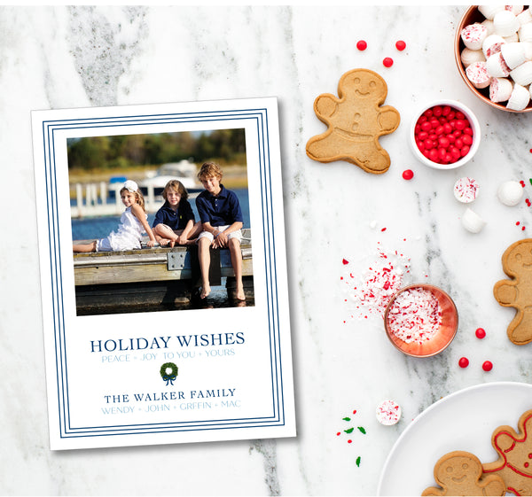 Holiday Classic Photo Card Triple Stripe Border - Navy