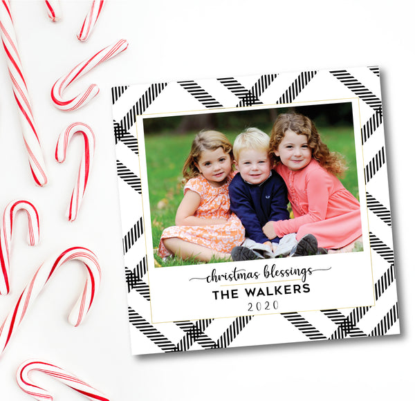 Holiday Photo Card Modern Black + White Plaid