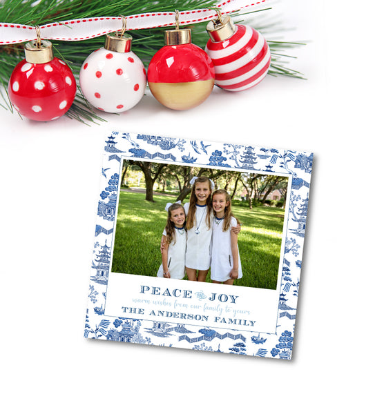 Holiday Square Photo Card Toile Chinoiserie blue + white pattern