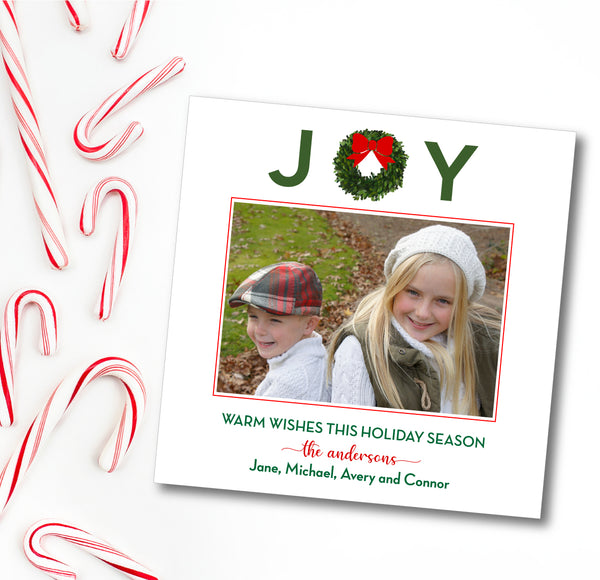 Luxe Holiday Photo Card JOY Wreath Red Bow