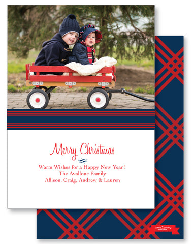 Holiday Photo Card Simple Navy + Red Plaid