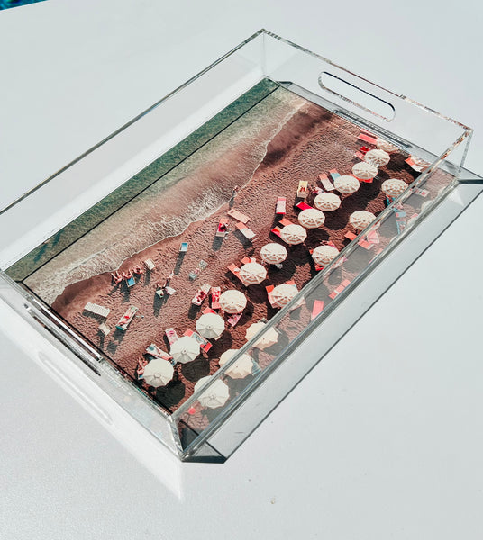 Lucite Tray - Aerial Beach Print - White Umbrellas