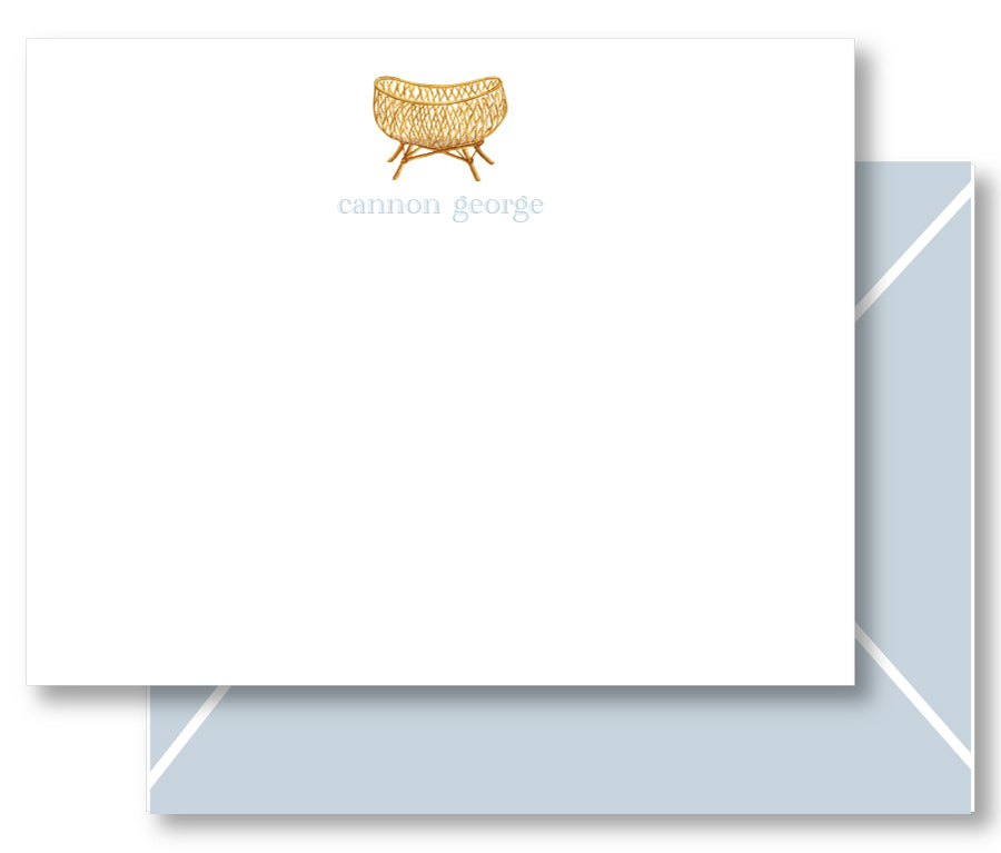 Notecard Baby Shower Rattan Bassinet Boho Blue Envelope