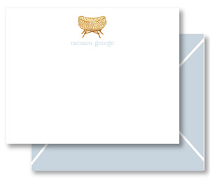 Notecard Baby Shower Rattan Bassinet Boho Blue Envelope