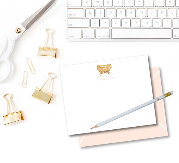 Notecard Baby Shower Rattan Bassinet Boho Blush Pink Envelope