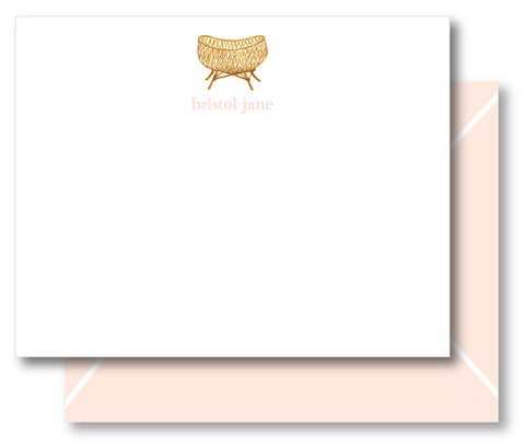 Notecard Baby Shower Rattan Bassinet Boho Blush Pink Envelope