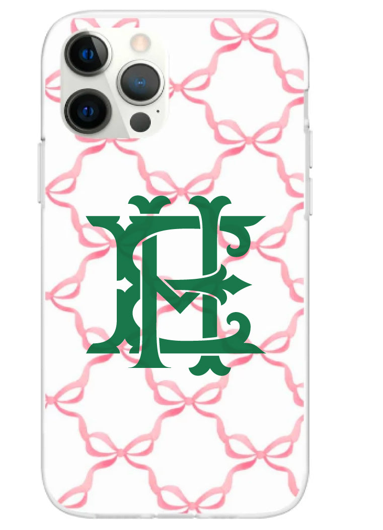 Phone Case - Watercolor Bow Pattern Pink with Chinoiserie Monogram