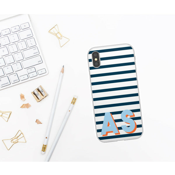 Flexible Phone Case Rubber Protective Preppy Navy Stripes Shadow Monogram
