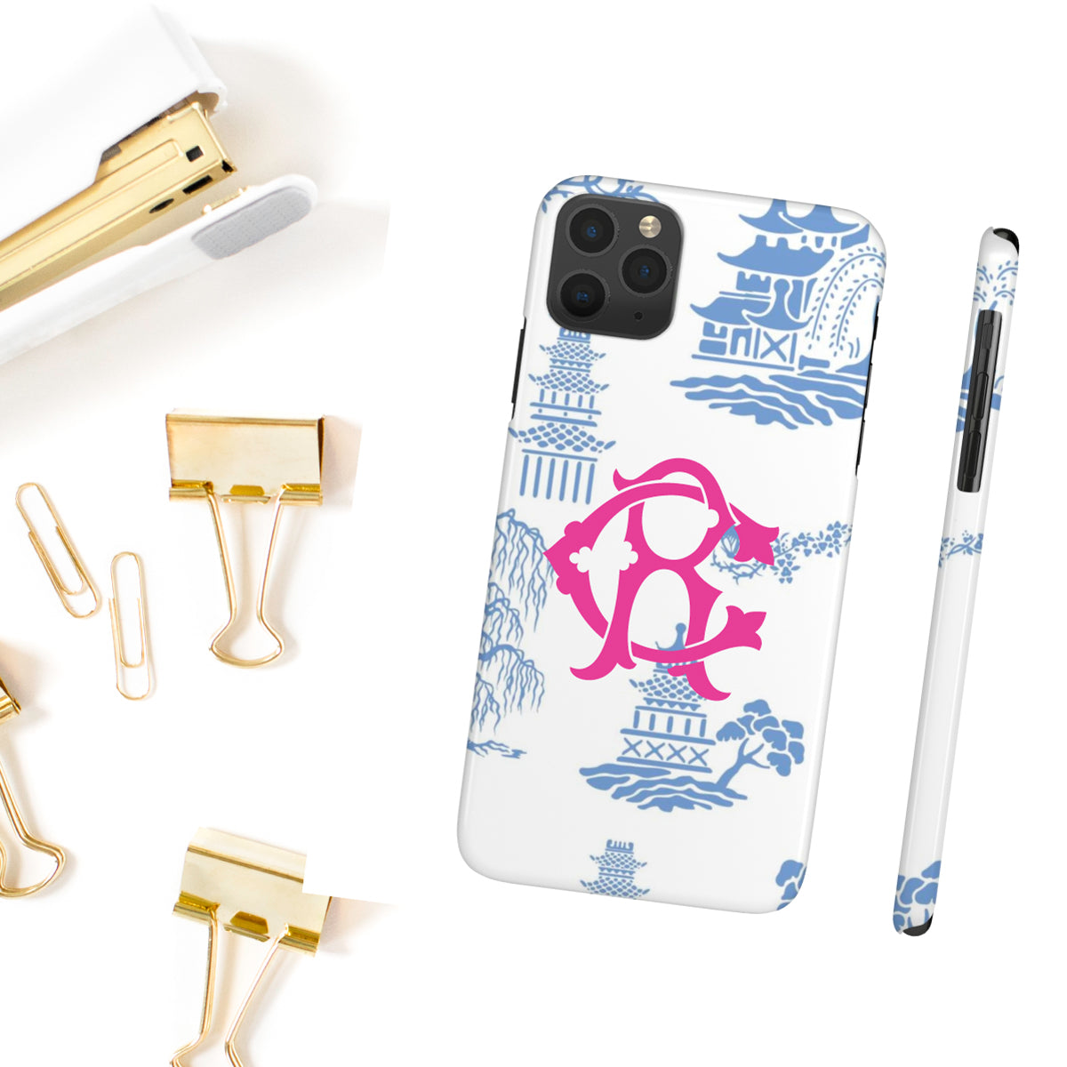 Phone Case - Soft Blue Toile with Chinoiserie Monogram  prettyprinting.com
