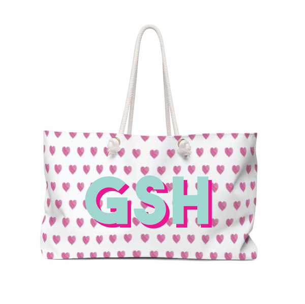 Personalized Tote for Pool, Beach, Boat with Rope Handles - Preppy Watercolor Heart Pattern Pink Roller Rabbit Inspired