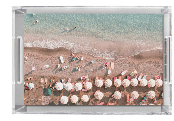 Lucite Tray - Aerial Beach Print - White Umbrellas