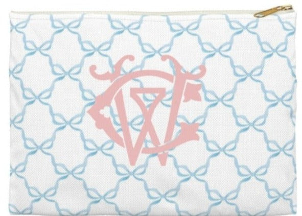 Canvas Zip Monogrammed Soft  Blue Bows with Chinoiserie Monogram
