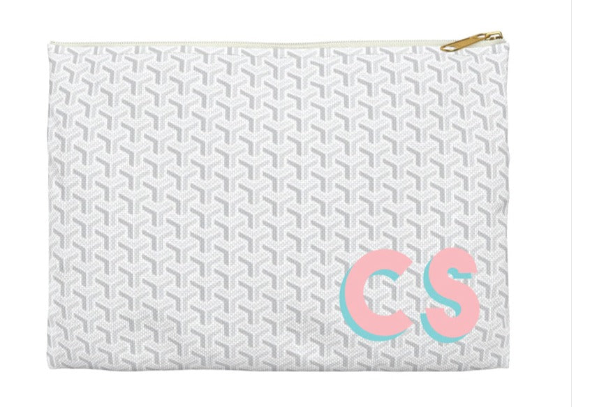 Canvas Zip Monogrammed Preppy Chic Geometric Arrow Pattern in White + Greys