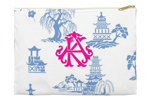 Canvas Zip Monogrammed Soft Toile Blue with Chinoiserie Monogram