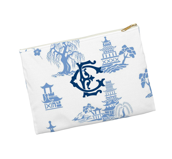 Canvas Zip Monogrammed Soft Toile Blue with Chinoiserie Monogram
