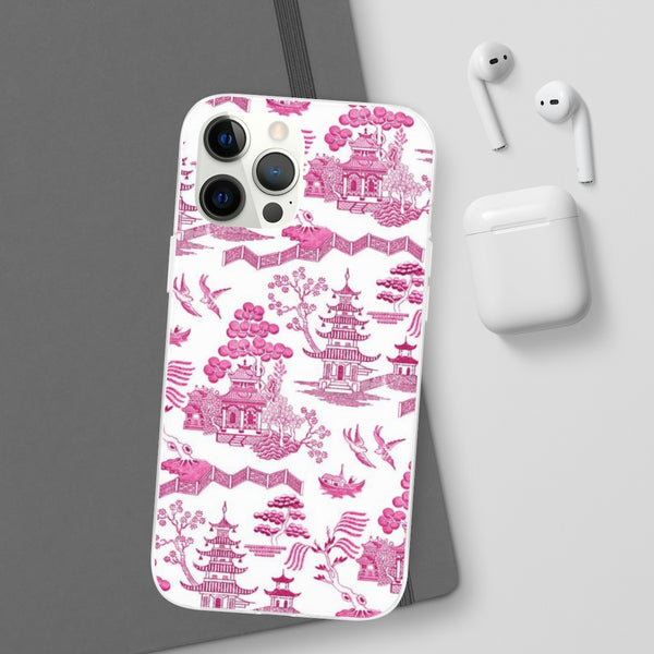 Flexible Phone Case - Chinoiserie Hot Pink and White Toile pagoda Choose style iPhone Samsung
