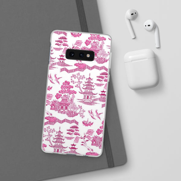 Flexible Phone Case - Chinoiserie Hot Pink and White Toile pagoda Choose style iPhone Samsung