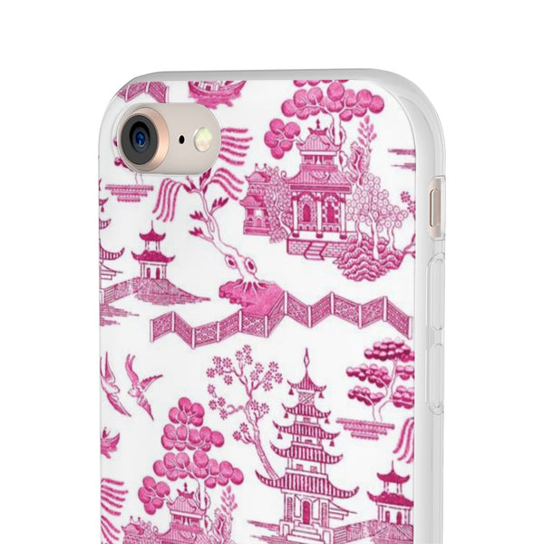 Flexible Phone Case - Chinoiserie Hot Pink and White Toile pagoda Choose style iPhone Samsung