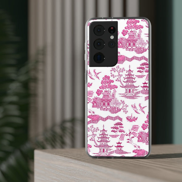 Flexible Phone Case - Chinoiserie Hot Pink and White Toile pagoda Choose style iPhone Samsung