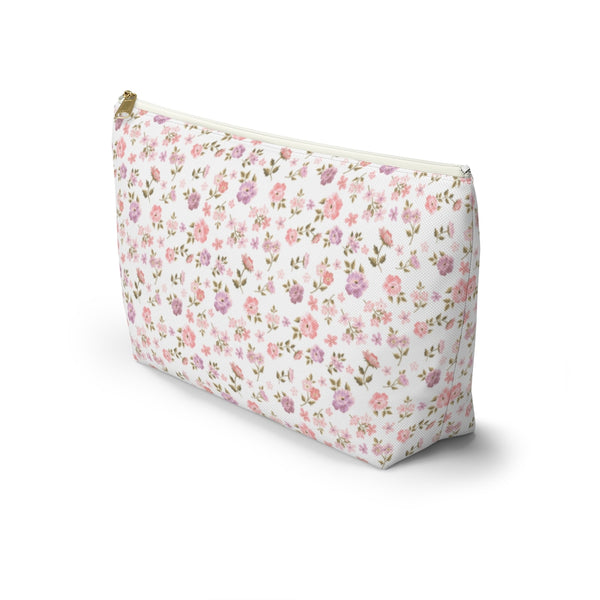 Preppy Fashionable Floral Shabby Chic - Accessory Zip Pouch Available in Two Sizes - White canvas laminated interior