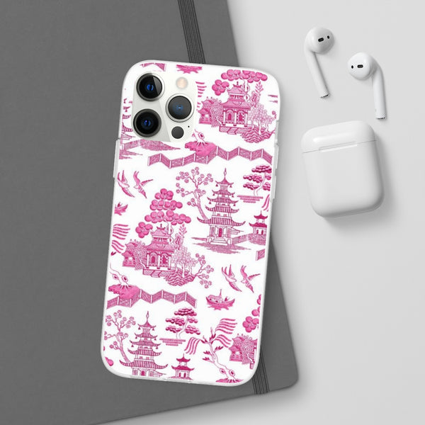 Flexible Phone Case - Chinoiserie Hot Pink and White Toile pagoda Choose style iPhone Samsung