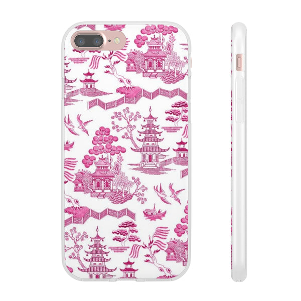 Flexible Phone Case - Chinoiserie Hot Pink and White Toile pagoda Choose style iPhone Samsung