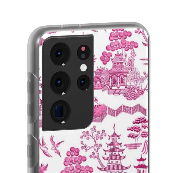 Flexible Phone Case - Chinoiserie Hot Pink and White Toile pagoda Choose style iPhone Samsung