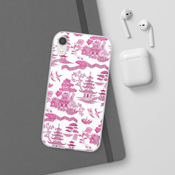 Flexible Phone Case - Chinoiserie Hot Pink and White Toile pagoda Choose style iPhone Samsung