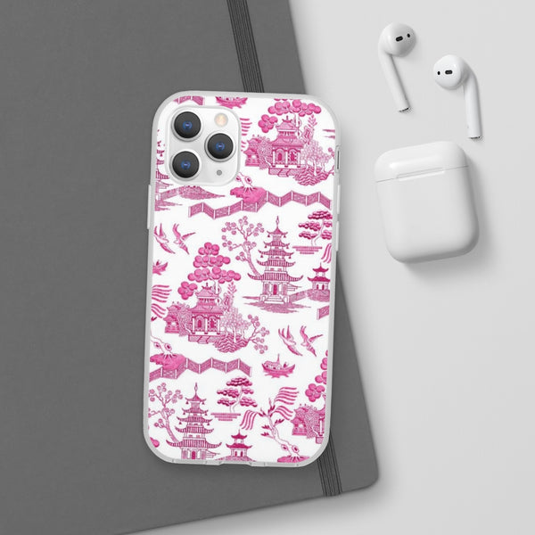 Flexible Phone Case - Chinoiserie Hot Pink and White Toile pagoda Choose style iPhone Samsung
